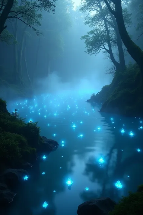 A lake full of blue lights and covered in fog 