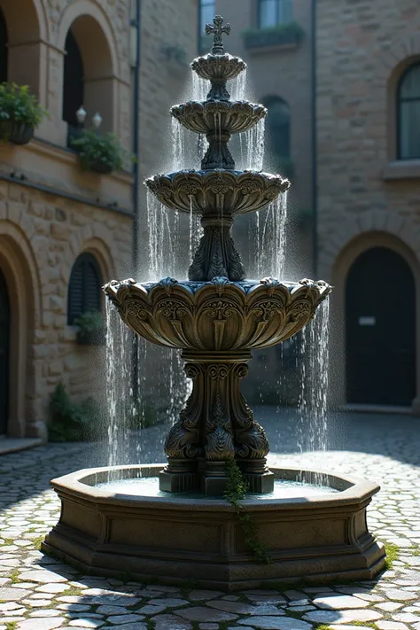 Give me a png image with the title : Vogelfrei
Use mediaeval-style font with silver-colored serifs 
Give me a beautiful medieval fountain 