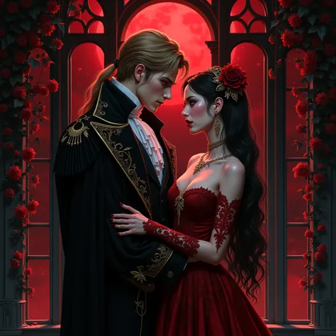 ( masterpiece), ( Best Quality : 1.1) ( ultra detailed )  illustration style , ( portrait: 1.1)  In the window of a Victorian vampire castle ,  with red stained glass windows and black walls, WITH THE NIGHTLIFE AND A RED MOON, AND VINES OF RED FLOWERS FALL...