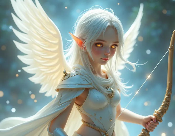 Small and frail ,  with silver hair and golden eyes .  Possessing fine white armor and an angelic bow shooting luminous arrows,  Around her an aura worthy of angels 