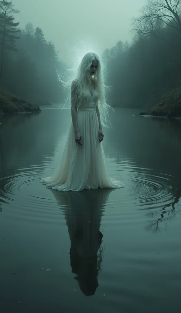 The ghostly figure of a woman in a white dress, reflected in the dark waters of the river as she silently weeps.