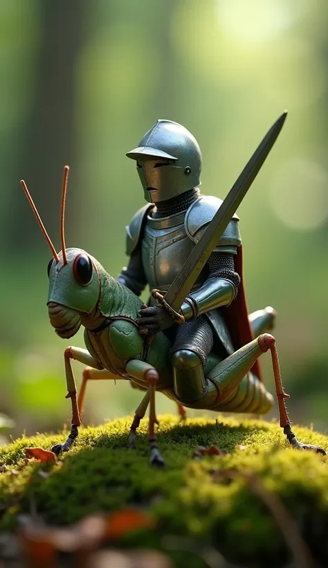 " Macro photograph of a medieval knight in armor , riding a grasshopper ,  holding a tiny sword .  Focus on the realistic details of the grasshoppers legs and texture,  combined with the soft light of a magical forest ."