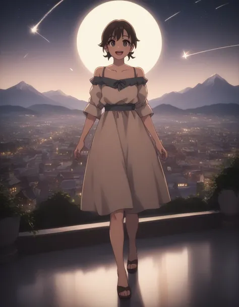 score_9, score_8_up, score_7_up, gsfghtr, Off-Shoulder Top/Dress, full body, cinematic Lighting, 1girl,solo,looking at viewer,blush,smile, open mouth,top of mountain, city view, moon, shooting stars, (((bright light from front)))