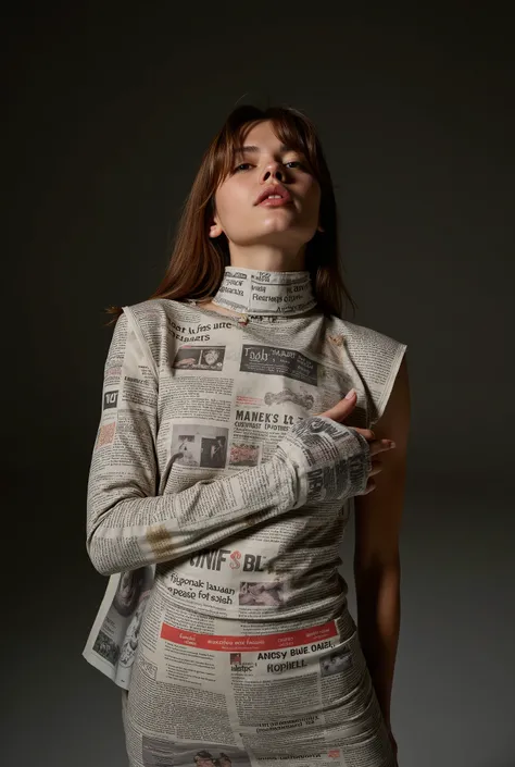 RAW editorial | Solo female figure wrapped in torn couture newspapers | Headlines bleed onto bare skin like scarification | Harsh spotlight isolates her against endless shadow | Expression captures the exact moment of digital dopamine wearing off | Modern ...