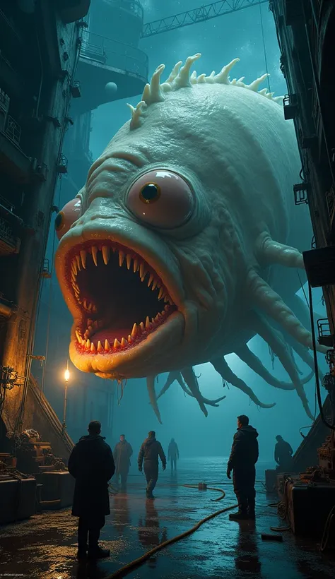 hyper-realistic photograph of a grotesque, enormous anglerfish with glowing lure and sharp translucent teeth, lifted from the depths by a crane aboard a dimly lit deep-sea research ship. Its pale, slimy skin reflects an eerie luminescence, while its wide-o...