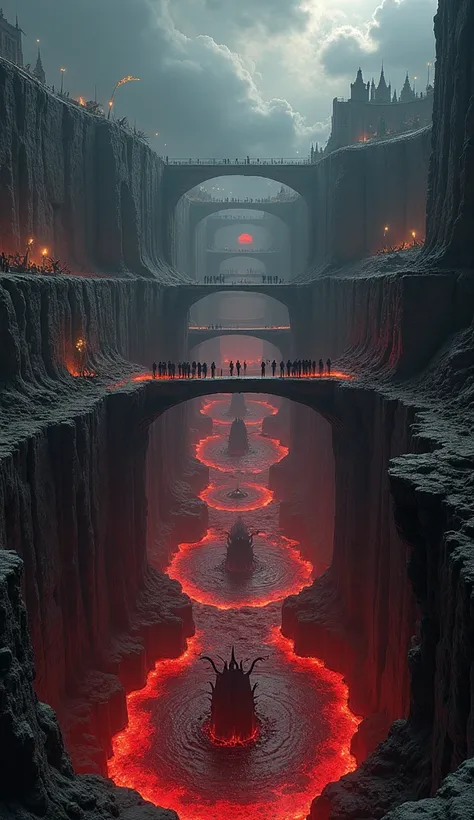 A massive, nightmarish pit descending in concentric stone ridges, divided into ten deep trenches (Malebolge), each filled with grotesque punishments. The ridges are connected by arched, crumbling bridges, all under a sky filled with swirling black clouds a...