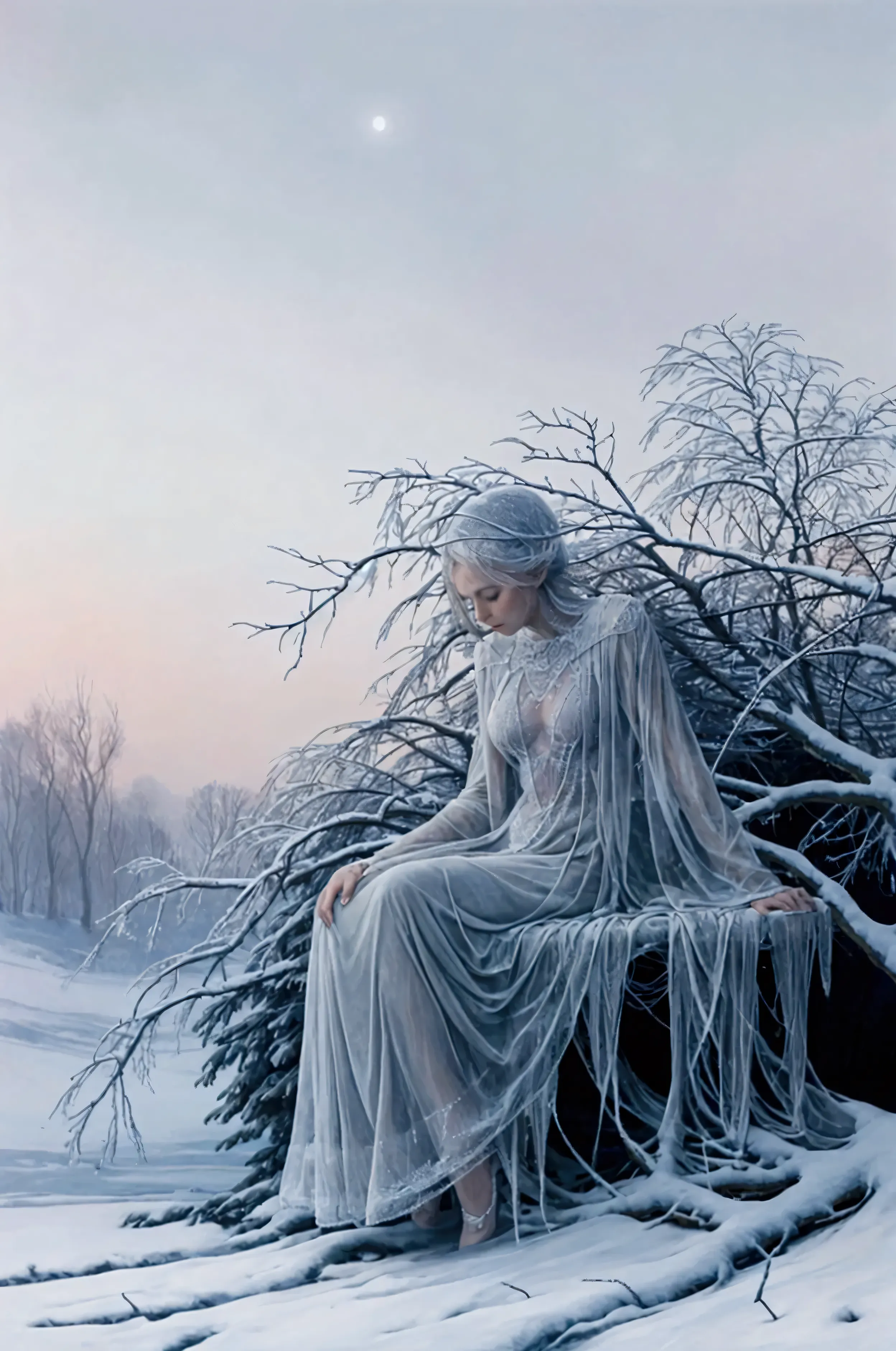 a highly detailed image of a woman covered in delicate frost, perched on its intricately woven web, which glimmers with ice crys...