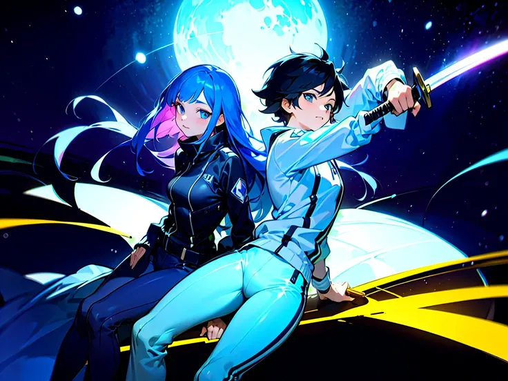   An anime-style scene , Manhwa style,  set in a park at night, illuminated by a starry sky .  Two characters are seated on a bench .  The character on the left is a young woman with long blue hair , with a sporty style;  he is wearing a white jacket and t...