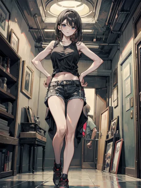 incredibly absurdres, RAW photo, extremely delicate and beautiful, masterpiece, Highest Quality, ultra high resolution, 32k, hyperrealistic, ultra-detailed description, big tits, from top to knee, indoor, black tank top shirt, midriff, shorts, 