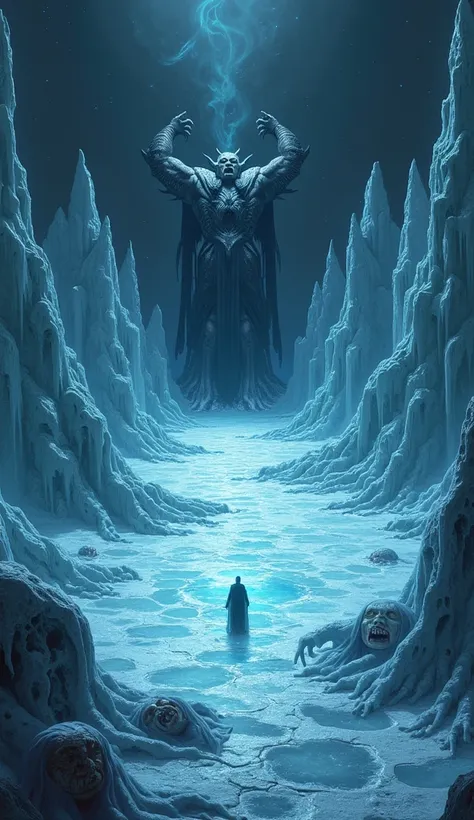 A vast, frozen wasteland representing Cocytus, the ninth circle of Dantes Inferno. The ground is a massive sheet of cracked, translucent ice, glowing faintly blue under a pale, ominous light. Trapped beneath the ice are distorted faces of the damned, their...