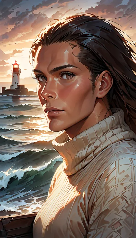 Portrait with a Desolate Look  (Old Fisherman :1.3), ( face focus:1.5), (storm:1.2), (Wave:1.3),  ocean, (lighthouse background :1.3), ( cowboy shooting:1.4), (white turtleneck knitted sweater:1.3),  look at the viewers, Realistic,   Masterpiece ,   best q...