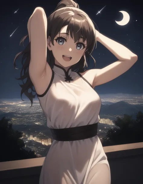 score_9, score_8_up, score_7_up, gsfghtr, long straight hair, Sheer Dress/Top, cinematic Lighting, 1girl,solo,looking at viewer,blush,smile, open mouth,top of mountain, city view, moon, shooting stars, (((bright light from front))), armpit