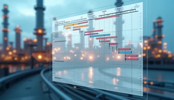 Create a banner with a gant chart and a gas refinery in background and blur. Dont add any text or logo on it. Use real gant chart for construction project