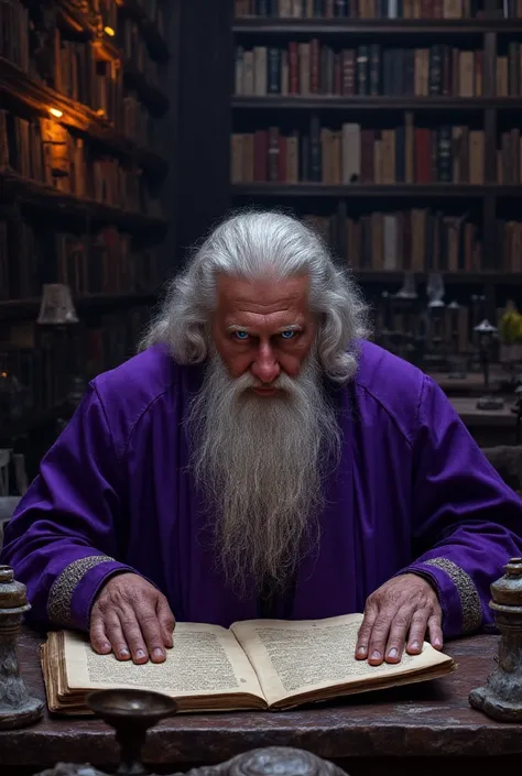 a wizard in purple robes, white hair, intense blue eyes, in a library conducting research,1 figure,extremely detailed portrait,high quality,8k,HDR,cinematic lighting,dramatic shadows,dramatic colors,mystical,fantasy,occult,arcane,magic,bookshelf,old books,...