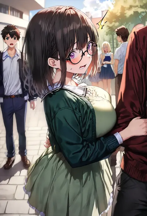 ((   best quality)), (( Masterpiece)), (    Details), (  1 anime girl and guy ),     sexy,   9 with dark hair and big breasts ０Female college student in CM  ,     short hair ,    young woman,   female college student with round glasses  , ((( woman standin...