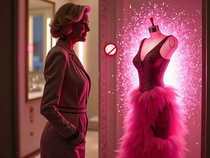 "An elegant woman in her 50s with a dramatic expression, stepping away from a brightly colored, flashy dress (neon pink with exaggerated frills and animal print) that appears to explode in a burst of glitter and neon sparks. She is dressed in a sleek, neut...