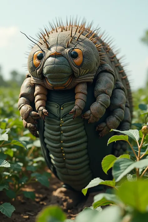 I want a giant frugiperda spodoptera caterpillar eating a uniform for applying defensives to a cotton field 