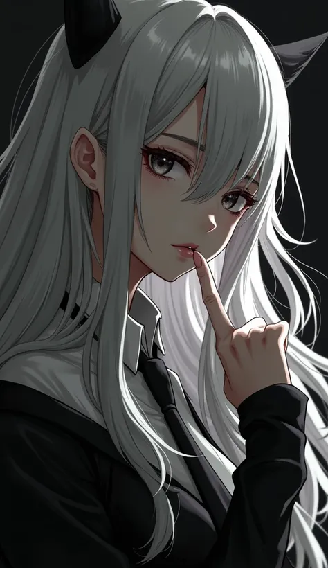 anime girl with long white hair and black tie smoking a cigarette, white haired deity, with index finger, from arknights, from girls frontline, black and white manga style, with long white hair, zero two, tifa lockhart with white hair, white haired, digita...