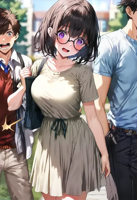 ((   best quality)), (( Masterpiece)), (    Details), (  1 anime girl and guy ),     sexy,   9 with dark hair and big breasts ０Female college student in CM  ,     short hair ,    young woman,   female college student with round glasses  , ((( woman standin...