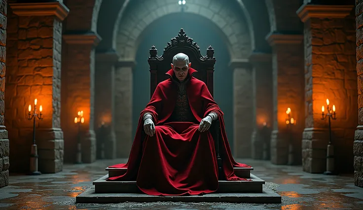  Count Dracula sitting on his throne on an altar in a stone castle,  lighting by fire torches on the wall , and candles on the altar , hyperrealistic cinematographic  