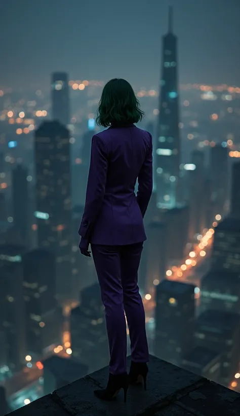  Joker on a tall building at night ,  looking down at the city below ,  with the thoughtful and serious expression ,  reflecting on the impact of her actions .  The city lights shine in the background , while the Joker , in her purple suit ,  ponders how t...