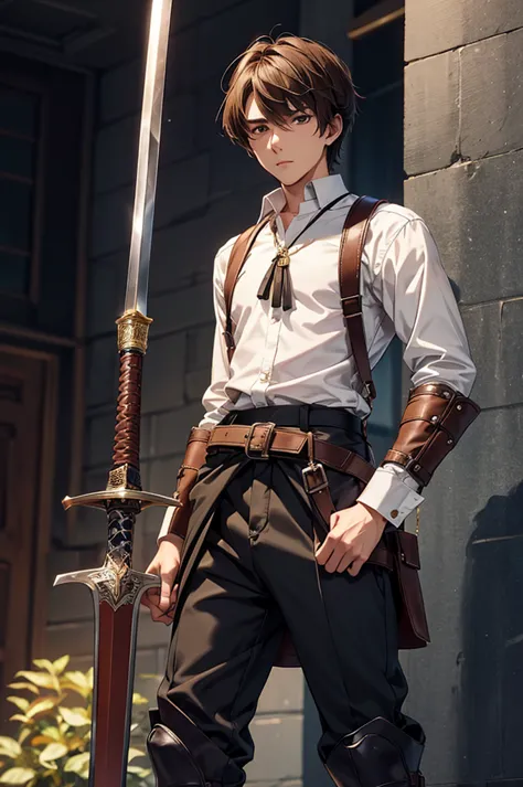 a 20-year-old young man with a noble and knightly demeanor stands confidently. he has brown hair and wears a white shirt, tucked...