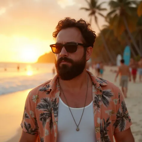 Create an ultra-detailed digital art image showing a very masculine 38-year-old man with a beard and dark sunglasses.. It is shown in a medium shot., Showing the upper part of their body. The setting is a vibrant summer beach at sunset., with golden light ...