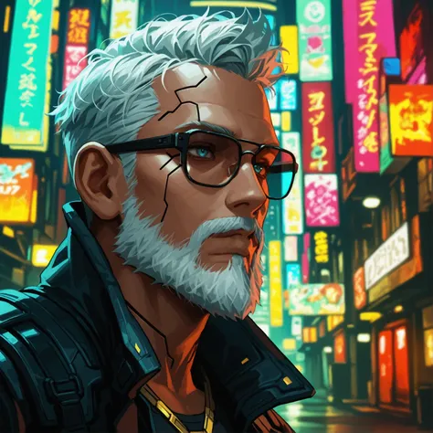 Raw 16k ultra HD Vivid colors ultra masterpiece, 1.12), Describe the emotions captured in the close-up of the face of a man with white hair, flawless haircut and glasses, sporting a well-groomed white beard, while wearing a jacket inspired by the game Cybe...