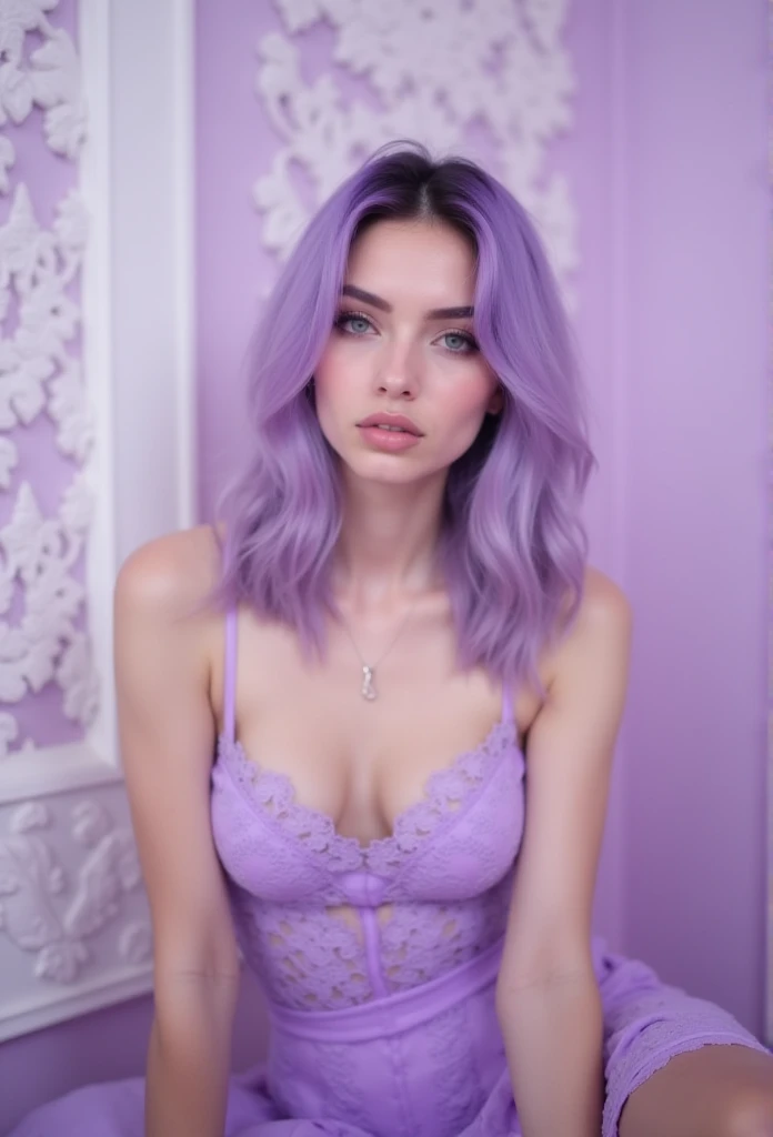 ((masterpiece)) ((photography)) ((Highest quality)) Create a realistic and softly blurred photo of a woman with lavender-purple hair styled in a babycore aesthetic, wearing an extremely low-cut purple lace dress. Her vibrant purple hair complements the int...