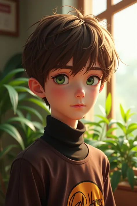  A colorful and intricate Ultra-HD portrait, a 15-year-old boy ,  short brown hair ,  green eyes ,  detailed face,  dressed in a turtleneck or brown t-shirt ,  with an All Heroes logo  ,  in a room with a window . without plants,  epic character compositio...