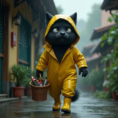 ( Genuine、 photoGenuineistic、 photoGenuineistic:1.37) 、  lobo preto with a shopping basket and rushing home 、  wearing yellow rainwear up to the head  、 lobo preto with yellow boots 、 walking carefully under the roof after leaving the house  、 lobo preto w...