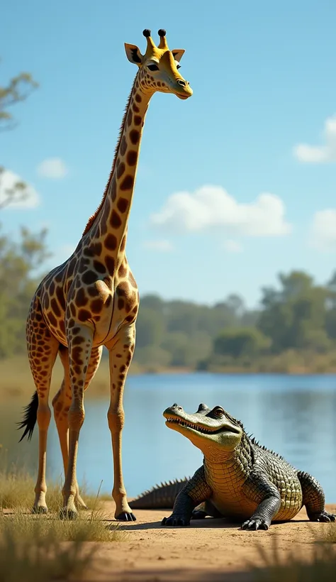 Of course! Heres the prompt :

" A realistic image showing a giraffe and a crocodile Australian codile side by side in a natural environment. The giraffe is standing ,  showing its long neck with yellow fur with brown spots ,  while the Australian crocodil...