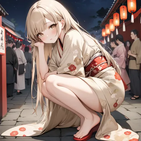 Master Piece, High Resolution, 1girl, solo, Lasy cute woman, fluffy very long beige hair, tucking one’s ear,  bangs, beige eyes, full body, real body, pale color, shameful face, Japanese KIMONO, Japanese festival, night,