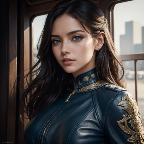 ( best quality, super detailed,Realistic:1.37), portrait,leather, beautiful detailed face, Perfect Face , detailed eyes on board,Seductive lips,blue leather outfit, wavy hair, captivating gaze ,  Confident Stance  , urban background,Soft natural light, bri...