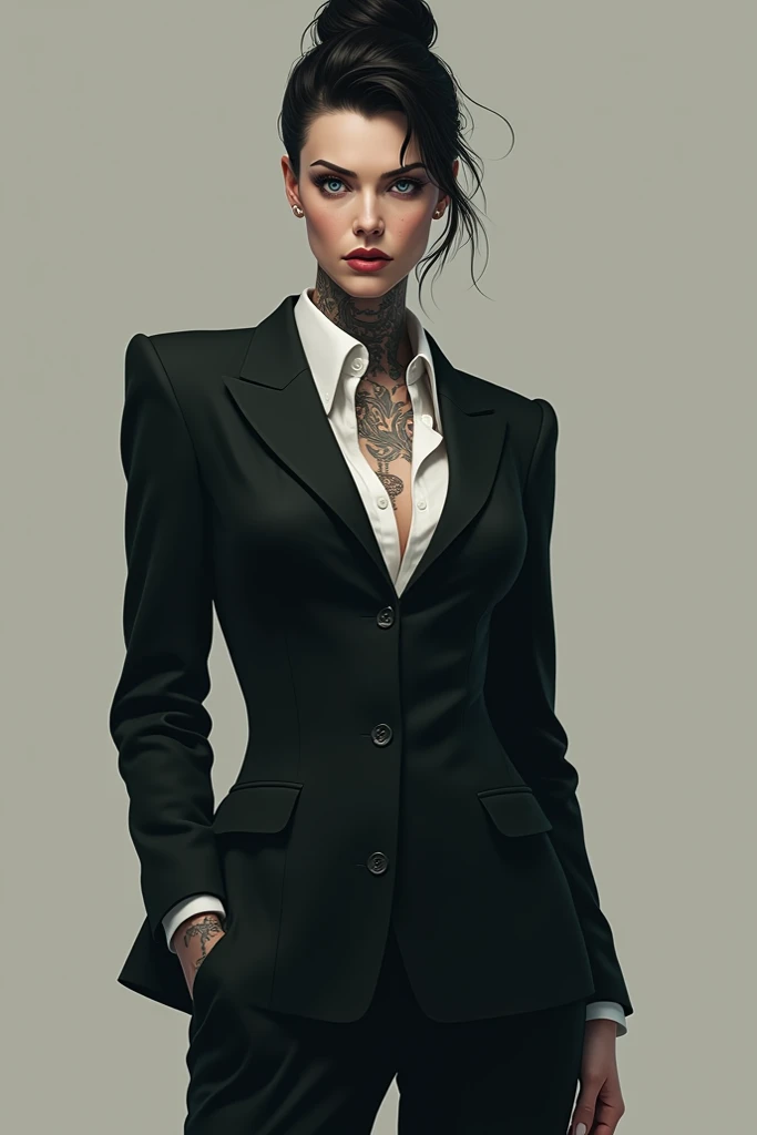 chica alta , white  , with tattoos ,  black hair ,  looking cold and sinister  ,  dressed in a formal mens suit , She is a grey-eyed mafiosa  . 