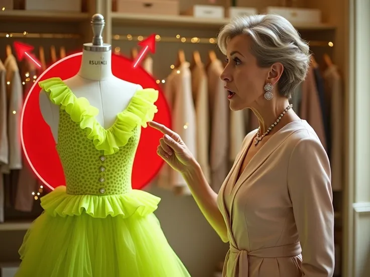 "An elegant woman in her 50s ,  with short and stylish hair ,  wearing a classic beige dress and discreet accessories .  She points with a shocked expression at a mannequin in front of her dressed in a neon green dress with ruffles and an exaggerated anima...