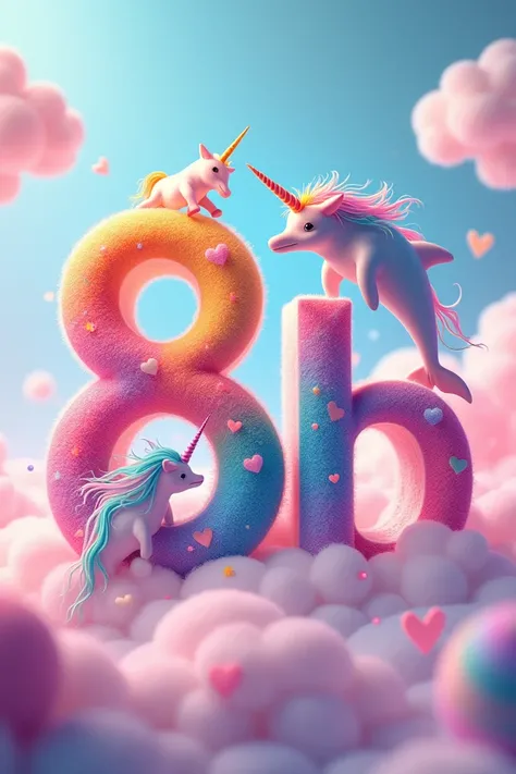 letters that say "8b" In rainbows with dolphins and unicorns in a marshmallow spot 