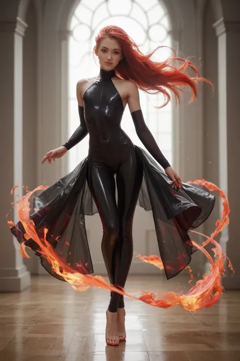 Slim flat chested fenail sporty gymnastic woman in a transparent Black bodysuit looks like in flame doing a dance. Red long hairs flowing in the wind. Perfect lags ind Ballet shoose. Front view. Full body