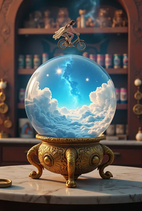  Crystal Ball with Golden Legs with patterns  ,   you can see The magic inside the Ball shines with different colors and You can see Cloudy Skies and Earth in the Balloon a woman on top of a bicycle,  close-up ,   Beautiful Crystal Ball on the Marble Table...