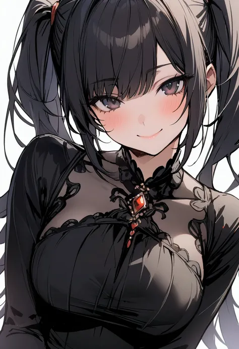 one girl, high twin tails, high pigtails, hair bangs, medium length hair, black hair, dark eyes, pretty face, slim, busty, black dress, close up, smile, masterpiece, best quality