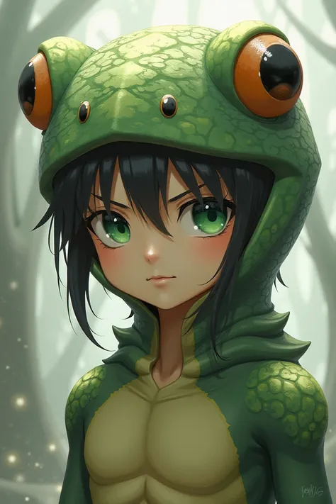 Froghelmet humanbody animeboy greeneyes blackhair animestyle halfmonsterform