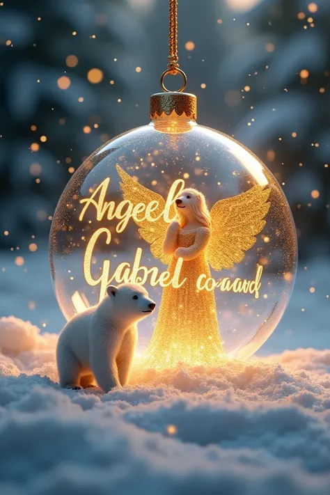 Write Angel Gabriel in gold letters ,  on a Christmas sphere with a polar bear and snow