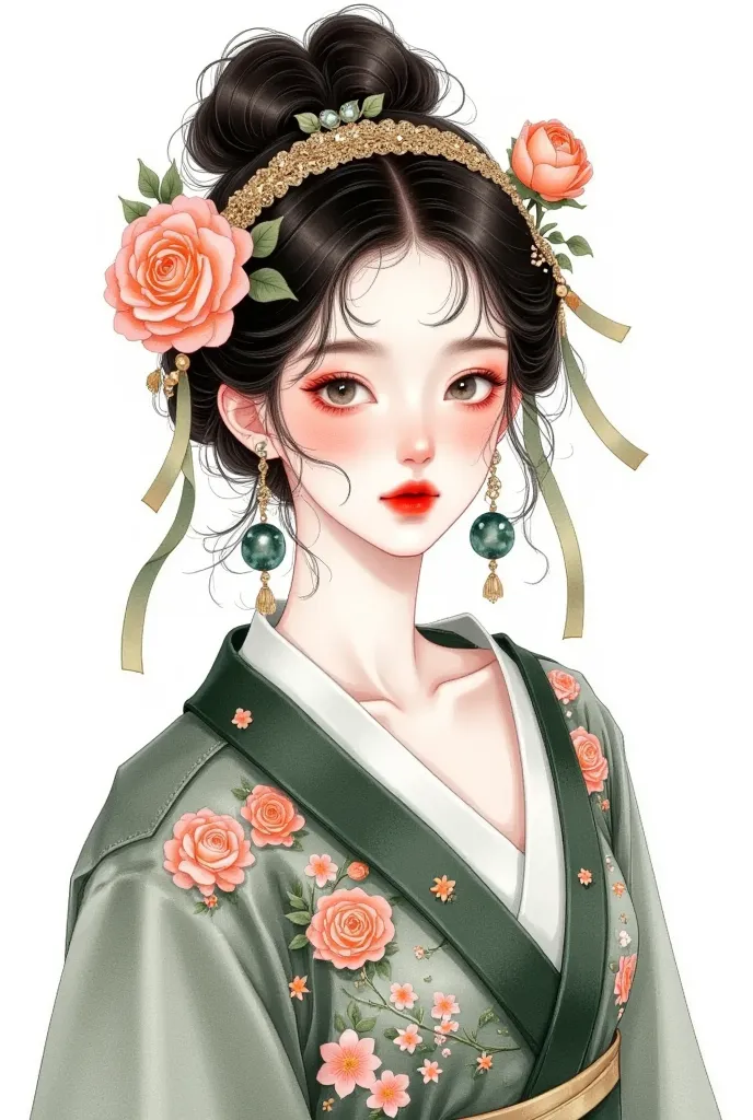 watercolor：beautiful girl portrait ，black hanfu，clothing。 flowers cover your eyes，  messy hair ，flowing headband