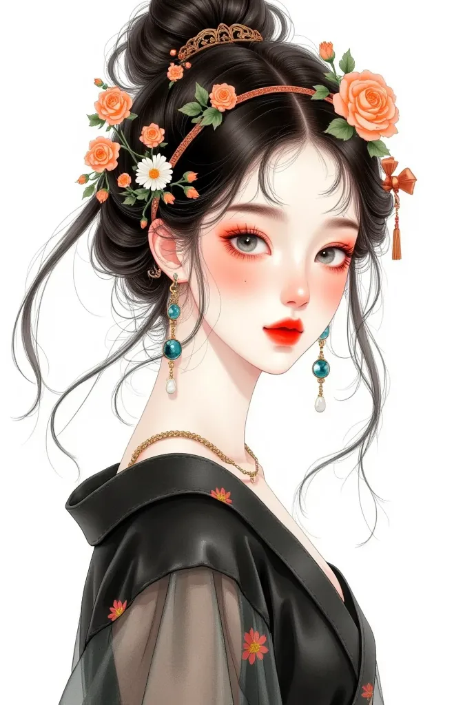 watercolor：beautiful girl portrait ，black hanfu，clothing。 flowers cover your eyes，  messy hair ，flowing headband