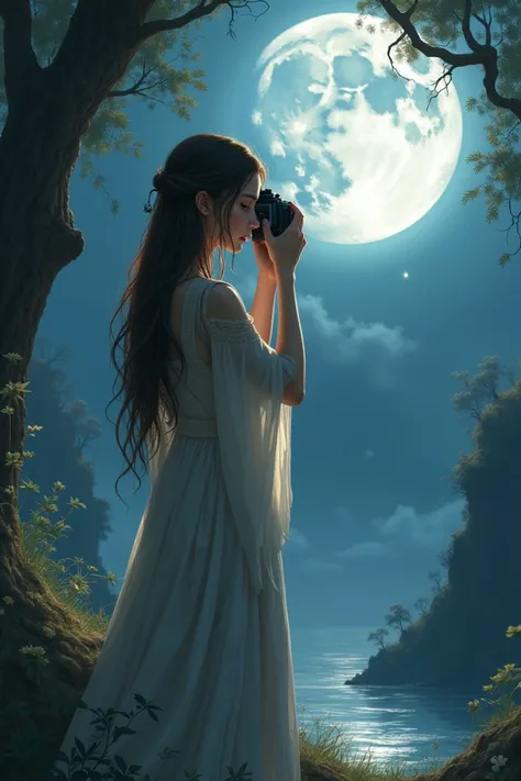 Anime character Galadriel with dark brown hair and dark brown eyes taking a photo under the moonlight