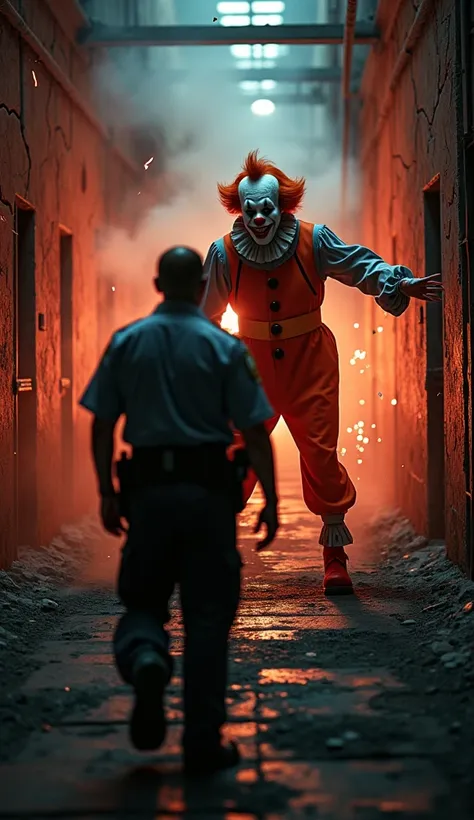 " A mysterious clown in a destroyed prison environment ,  spinning and braking as you approach a frightened police officer .  He is surrounded by sparks and smoke ,  with laughter echoing through the walls .  His eyes shine with reflections of the flames i...