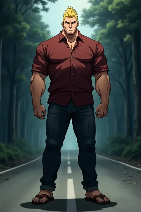 Tall Man, round face, yellow haircut, muscular, in Anime, wearing his mahogany shirt, dark gray pants, brown sandals, standing on the roadway, in shadow