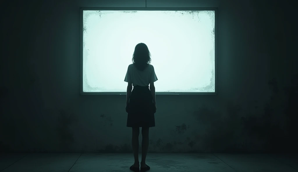 Woman standing, IN A DARK ROOM LOOKING AT A WHITE CHALK BOARD