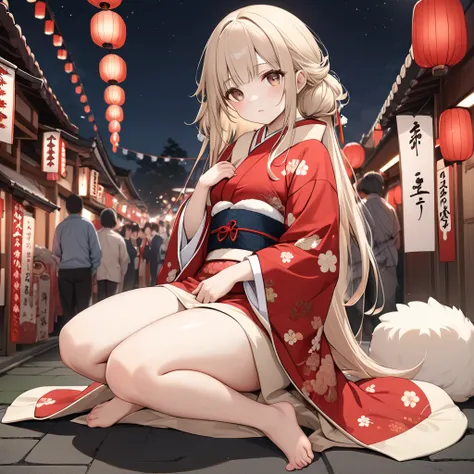 Master Piece, High Resolution, 1girl, solo, Lasy cute woman, fluffy very long beige hair, bangs, beige eyes, full body, real body, pale color, shameful face, Red Japanese KIMONO, Japanese festival, night,