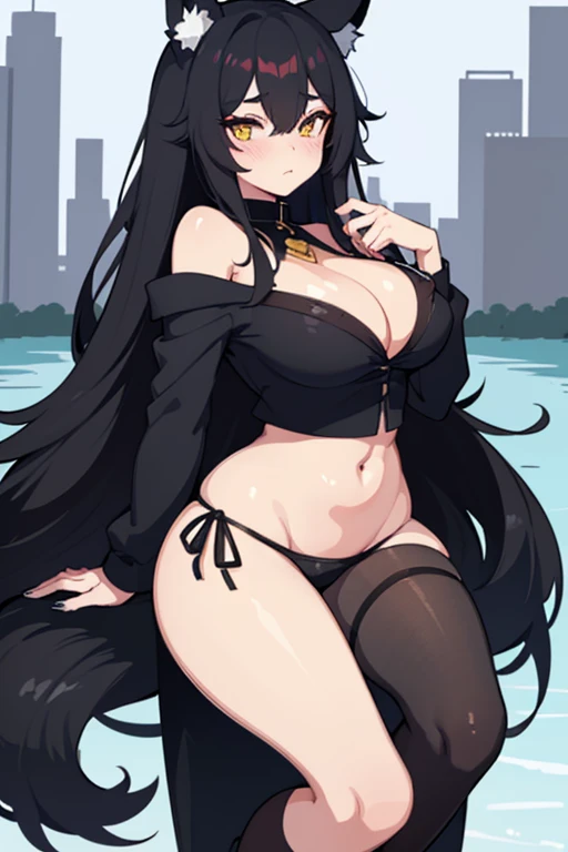 Hot girl, Beautiful long black hair, bright yellow eyes, black bikini, big but medium breasts, big hips, A black jacket with NO panties and long black sheer socks, wolf ears, blush, at a lake